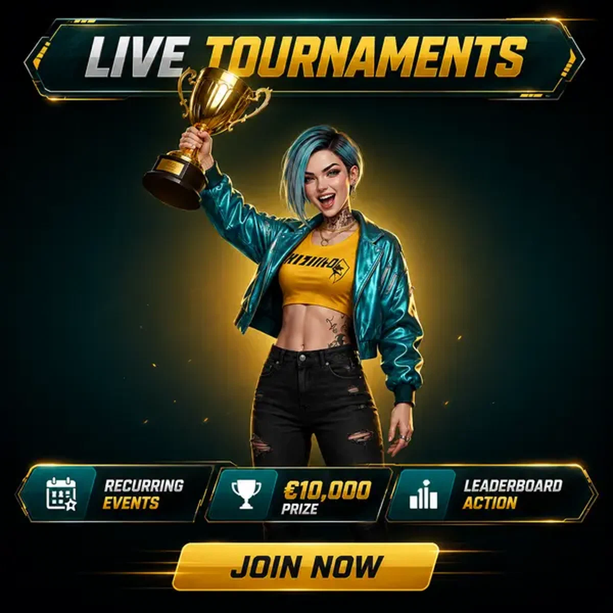 Jugador levanta trofeo dorado tras ganar torneos en vivo en arena de juego competitivo