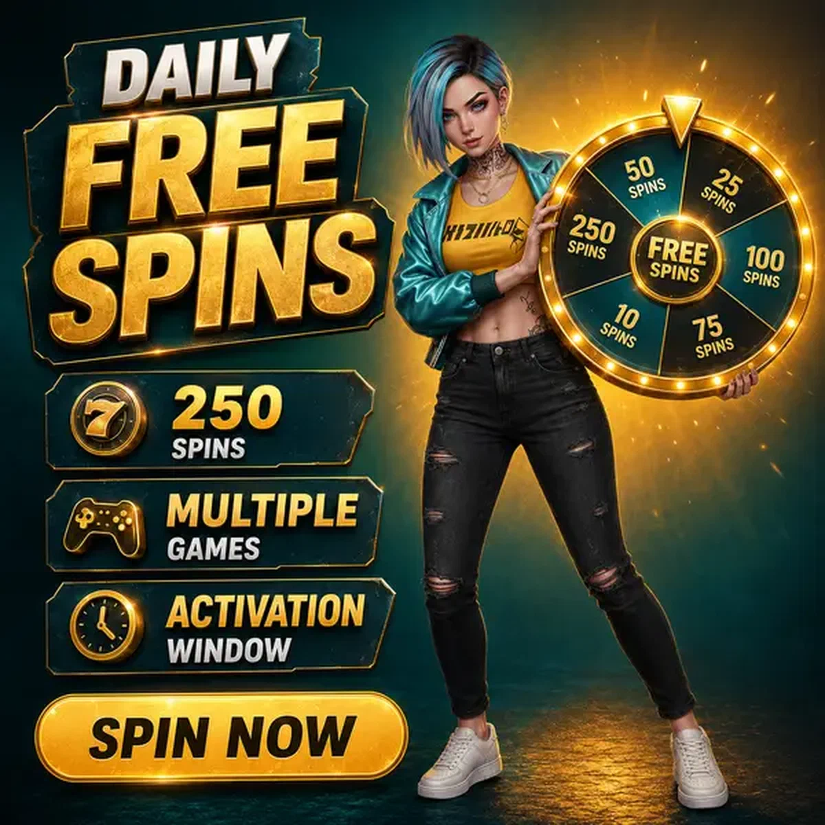 Personaje sostiene rueda de premios brillante mientras las tiradas gratis esperan en el Sistema Diario de Tiradas Gratis de Need For Slots