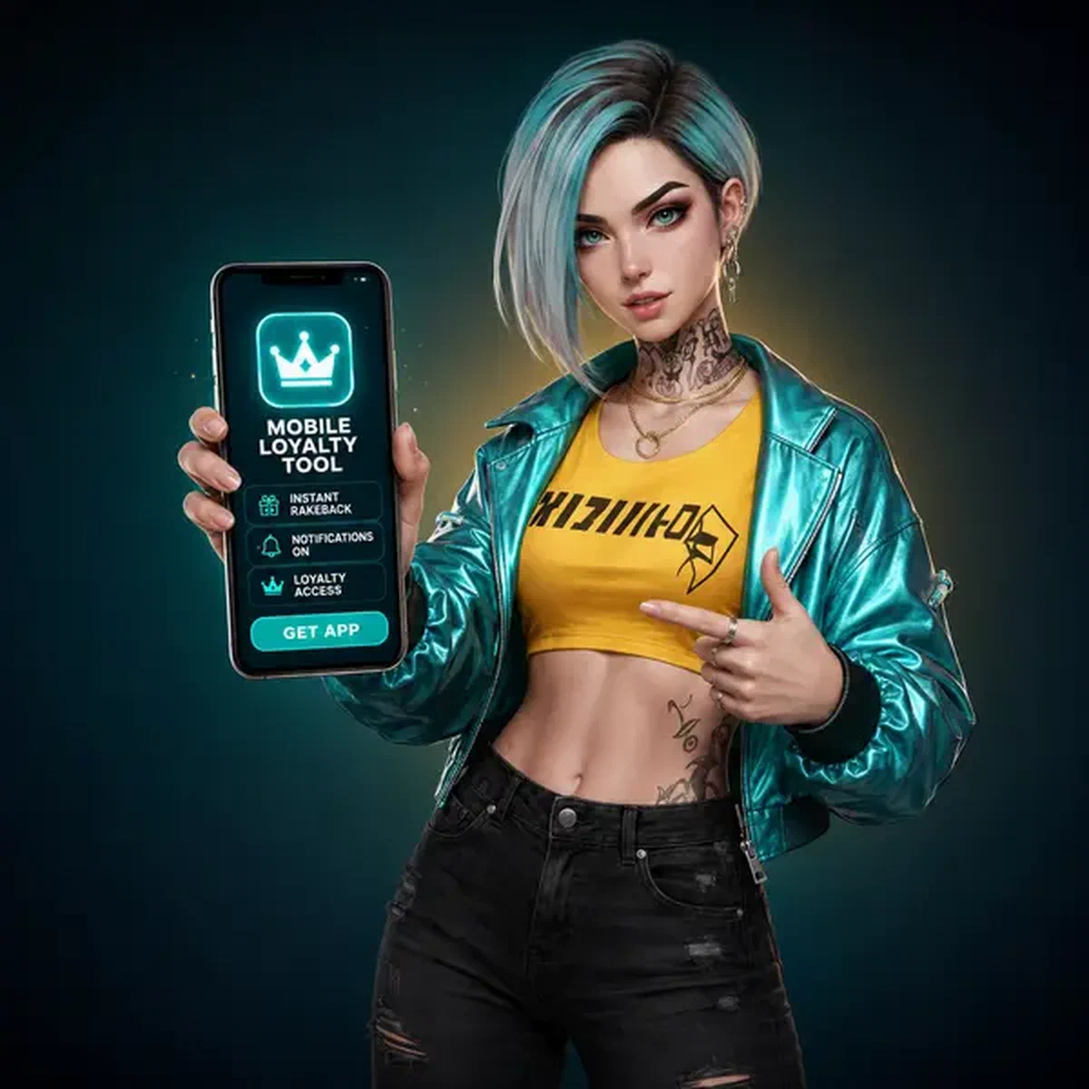 Mujer joven con cabello turquesa mostrando emocionada la aplicación móvil Need For Slots brillando en la pantalla del smartphone