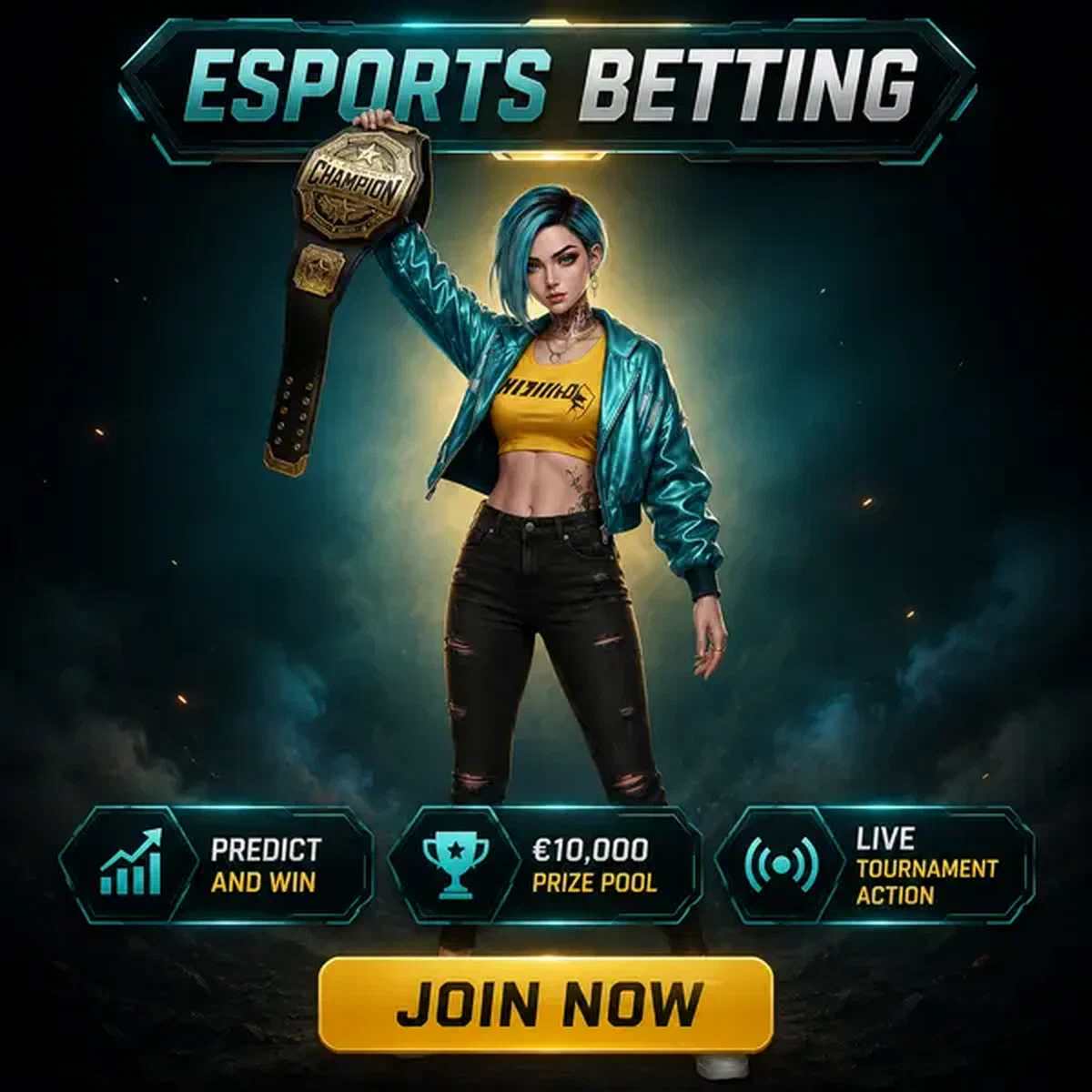 Campeón de esports con cabello turquesa sosteniendo cinturón de campeonato en el arena de apuestas de esports de Need For Slots de temporada completa