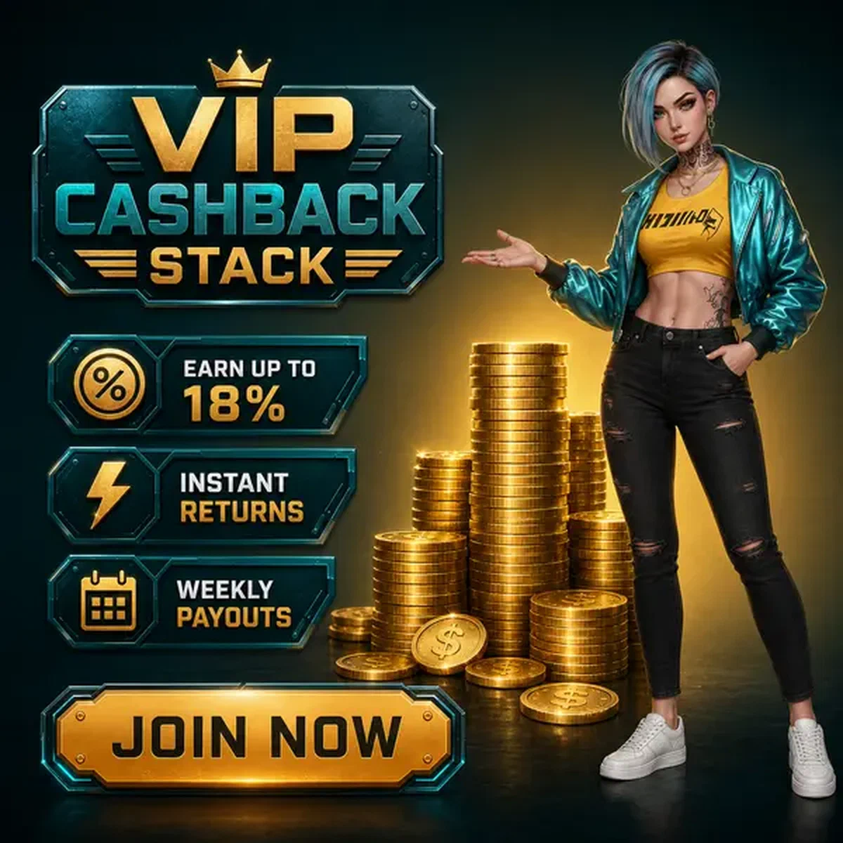 Jugador junto a torre de monedas VIP Cashback Stack ganando retornos del 18%