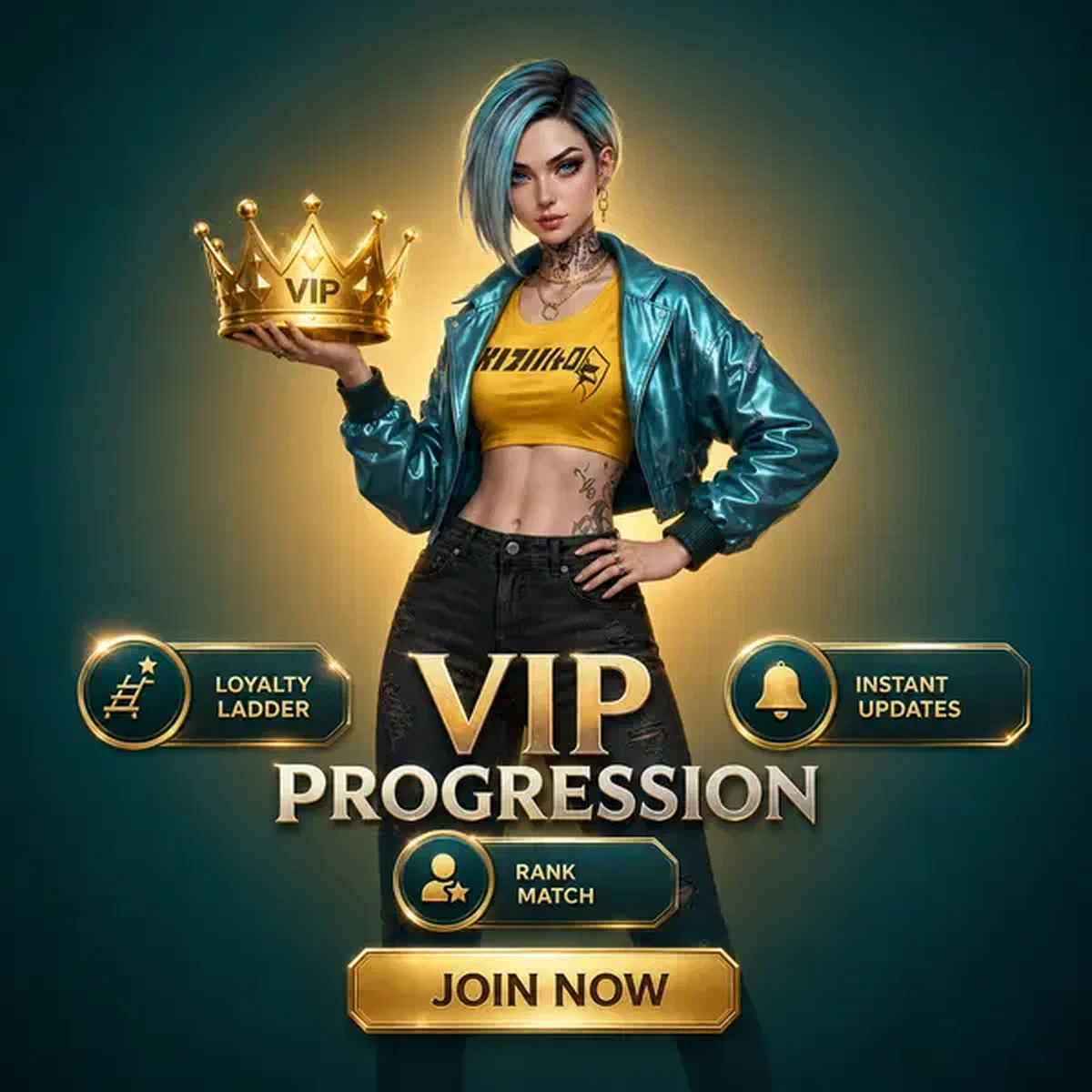 Mujer sostiene con orgullo corona dorada representando recompensas de progresión VIP en Progresión VIP y recompensas a largo plazo