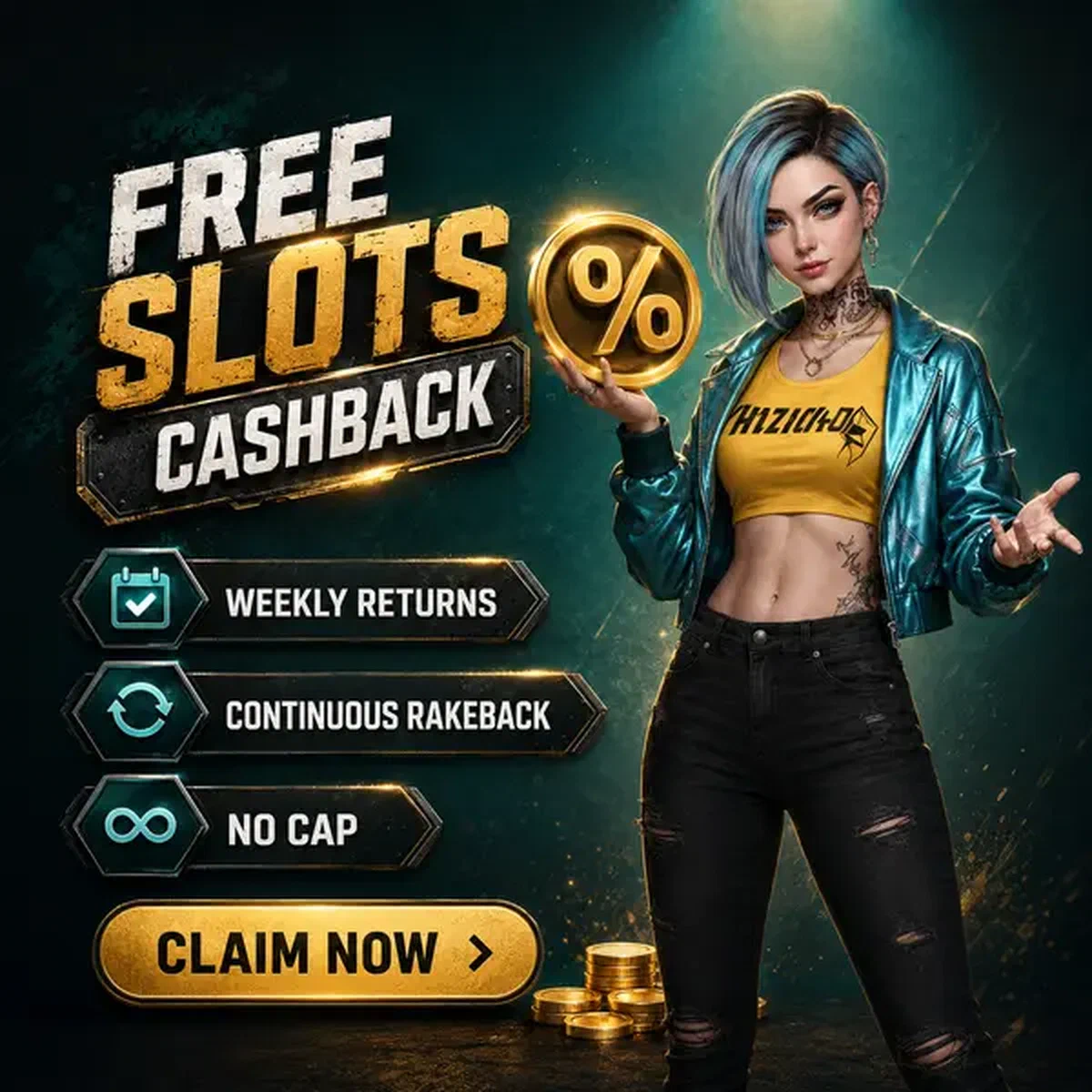 Mujer confiada mostrando recompensas de cashback de tragaperras gratis en Need For Slots Casino