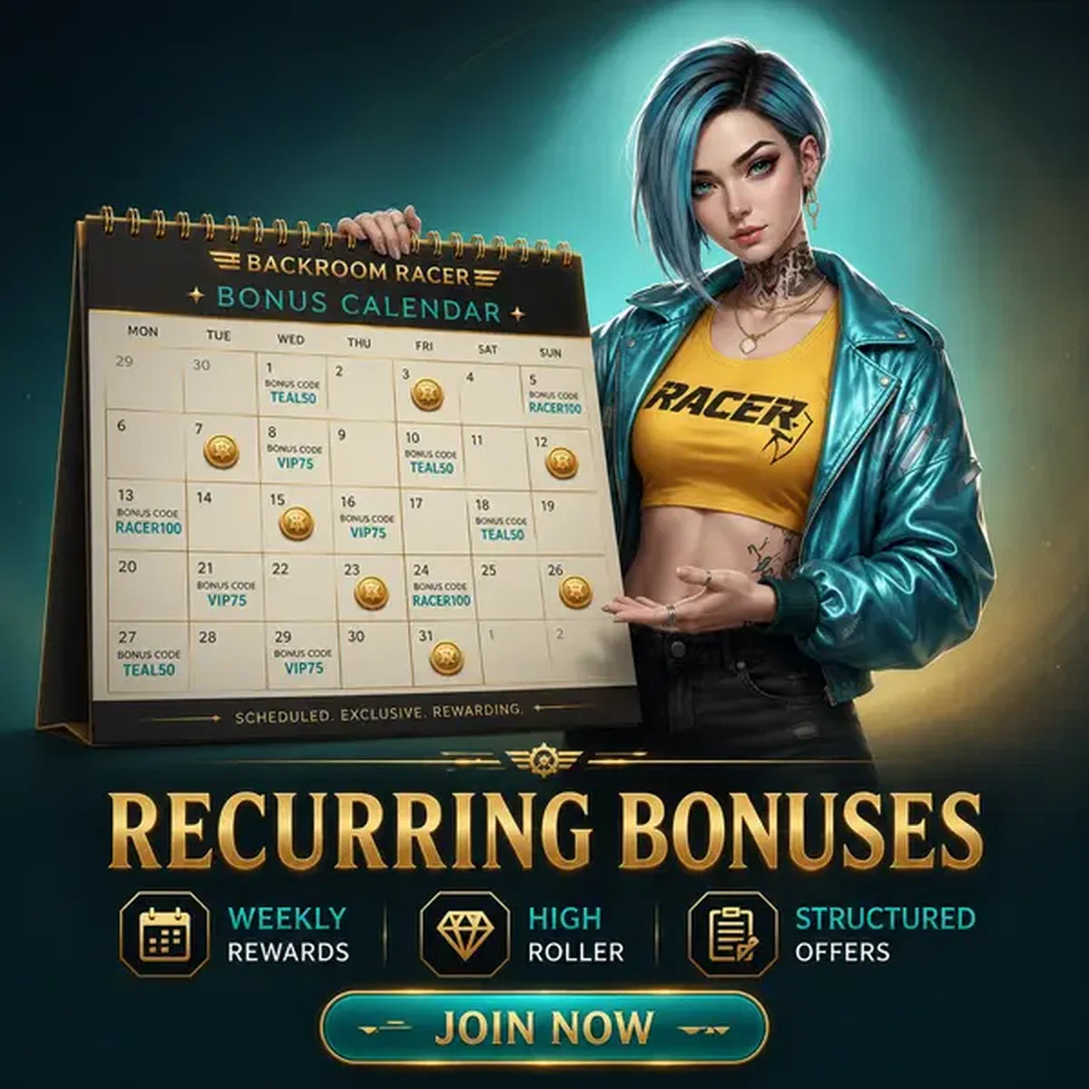 Mujer joven presentando calendario de bonos recurrentes en Bonos recurrentes y calendario de recarga Casino registro