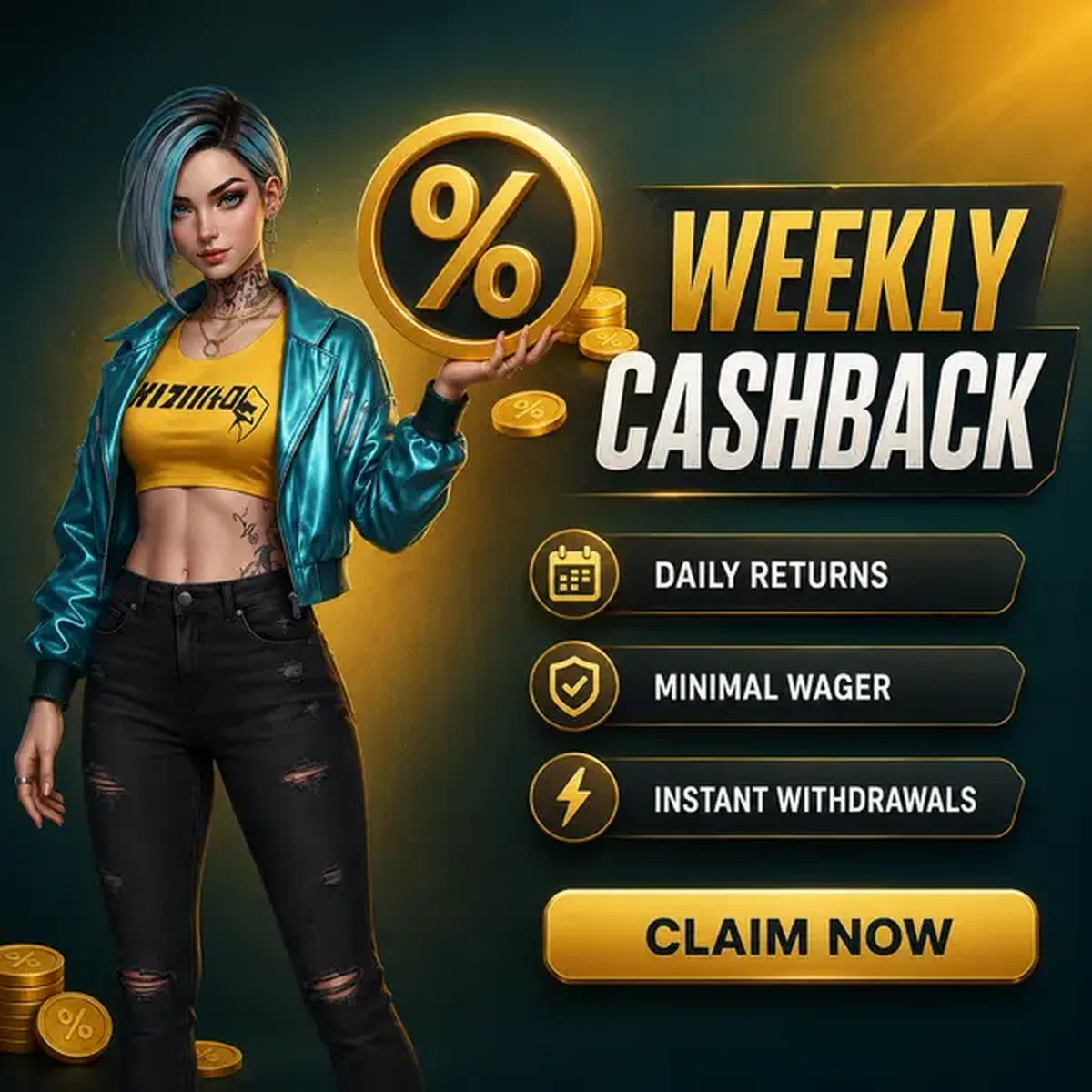 Jugador sosteniendo emblema dorado de cashback en portal de bono Weekly Cashback Rhythm and Claim Windows
