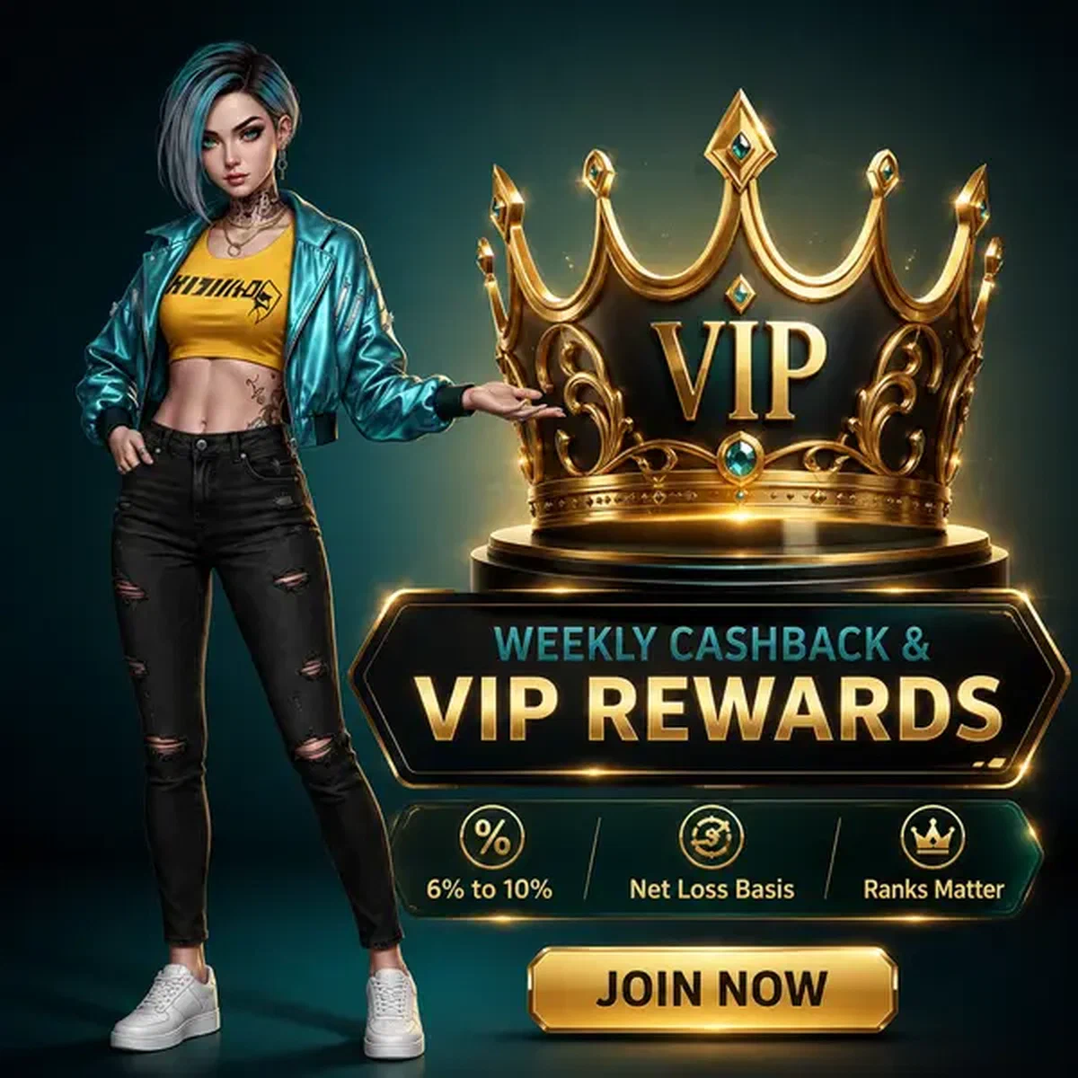 Jugador VIP gesticulando hacia corona dorada en el salón de recompensas de apuestas cibernéticas semanales de Need For Slots