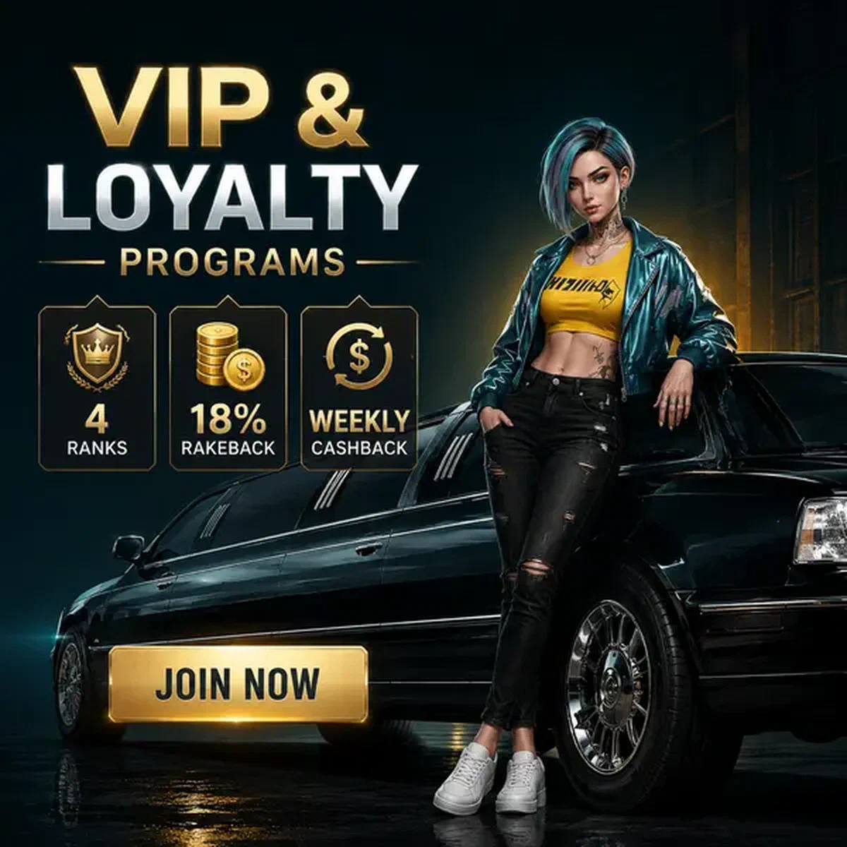 VIP de cabello turquesa junto a limusina de lujo en Need For Slots, únete al programa de fidelidad exclusivo