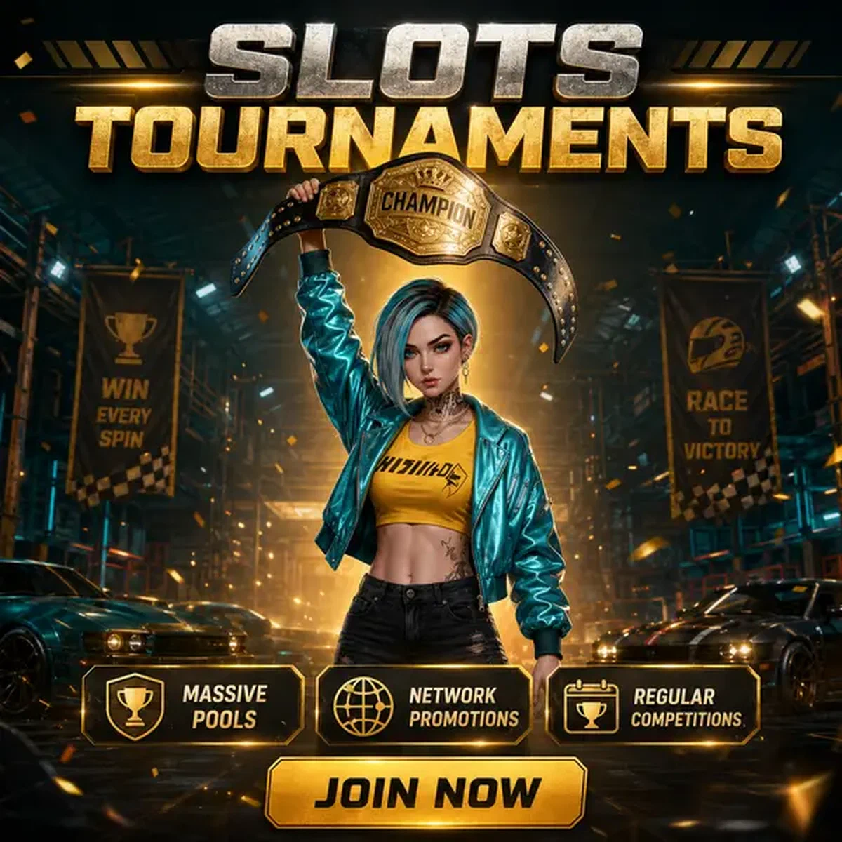 Campeona de cabello turquesa levantando cinturón de campeonato en victoria de torneo de Need For Slots Tournaments